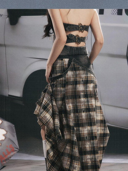 ALL iN plan Vintage Plaid Patchwork Asymmetric Women&
