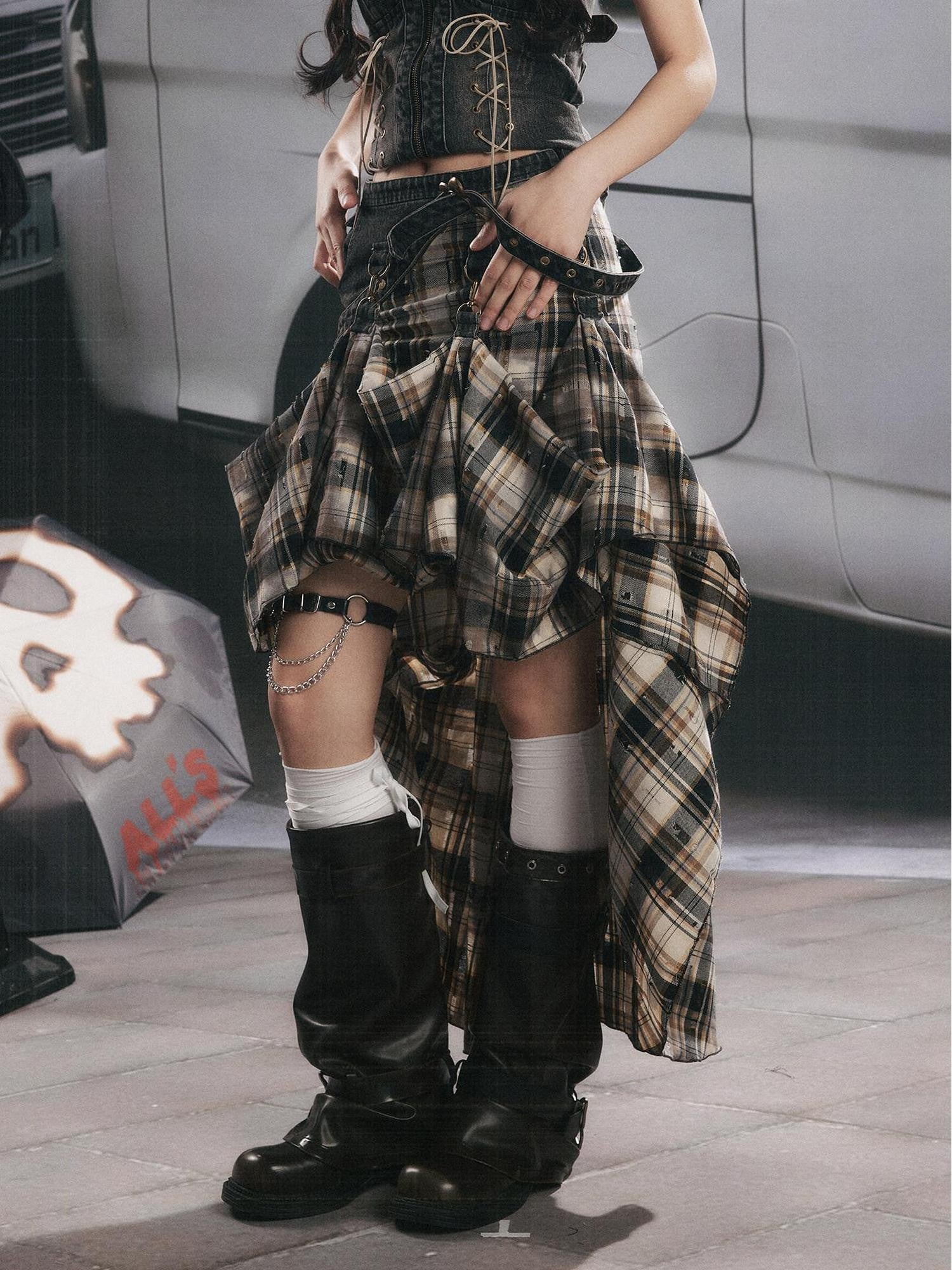 ALL iN plan Vintage Plaid Patchwork Asymmetric Women&