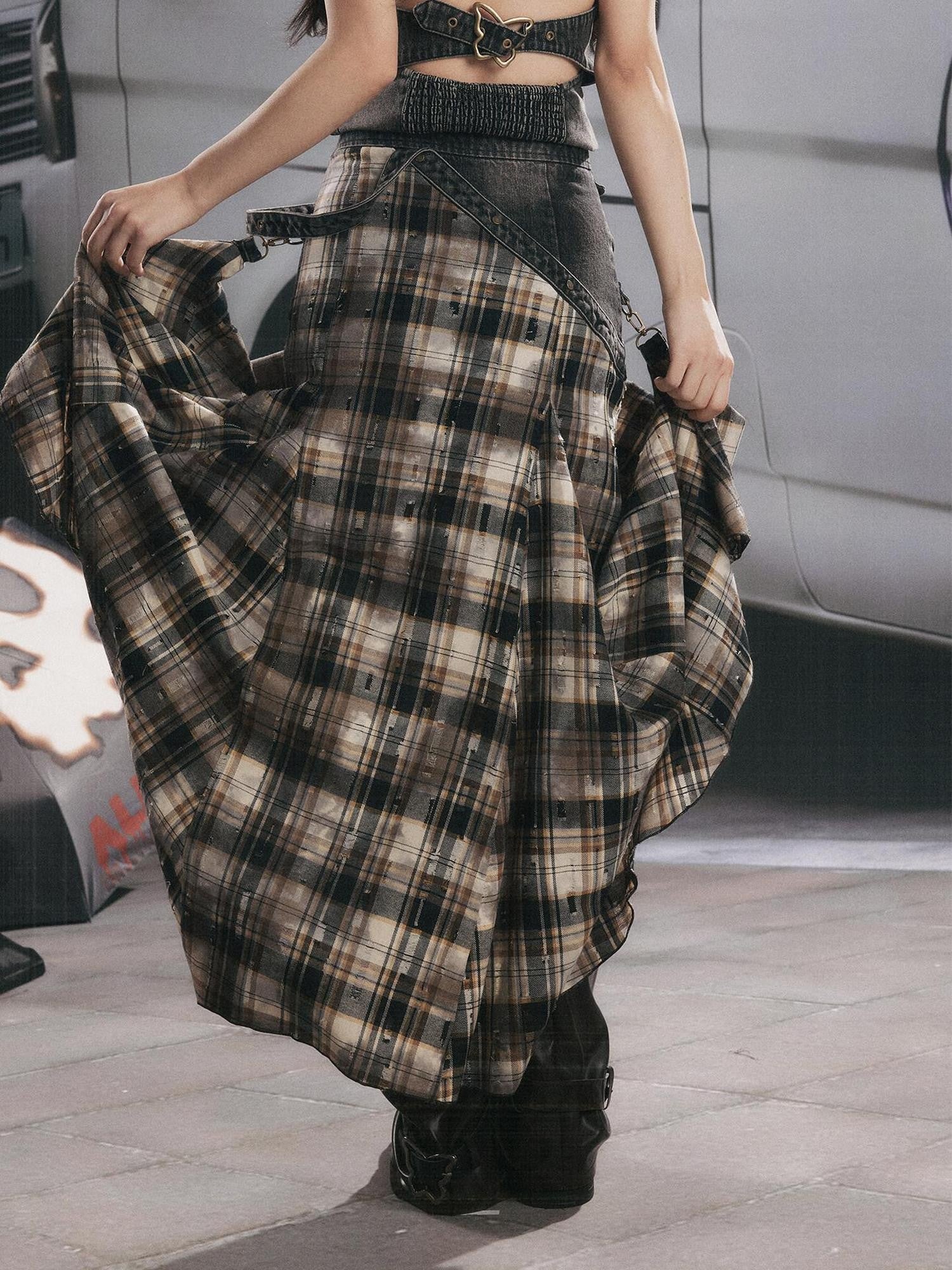 ALL iN plan Vintage Plaid Patchwork Asymmetric Women&