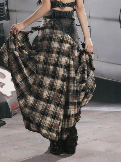 ALL iN plan Vintage Plaid Patchwork Asymmetric Women&