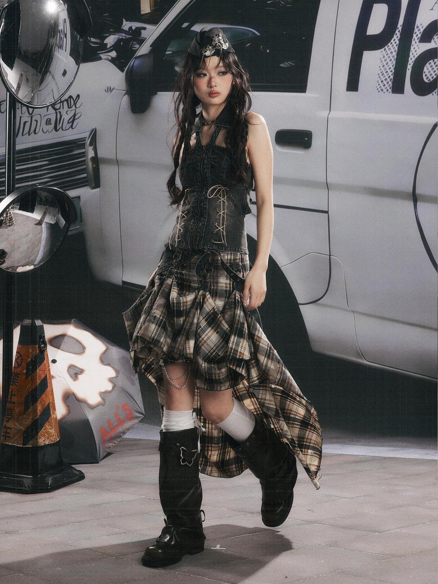 ALL iN plan Vintage Plaid Patchwork Asymmetric Women&