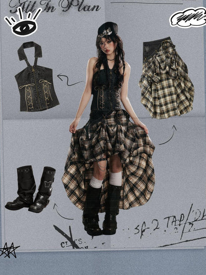 ALL iN plan Vintage Plaid Patchwork Asymmetric Women&