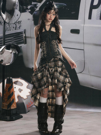 ALL iN plan Vintage Plaid Patchwork Asymmetric Women&