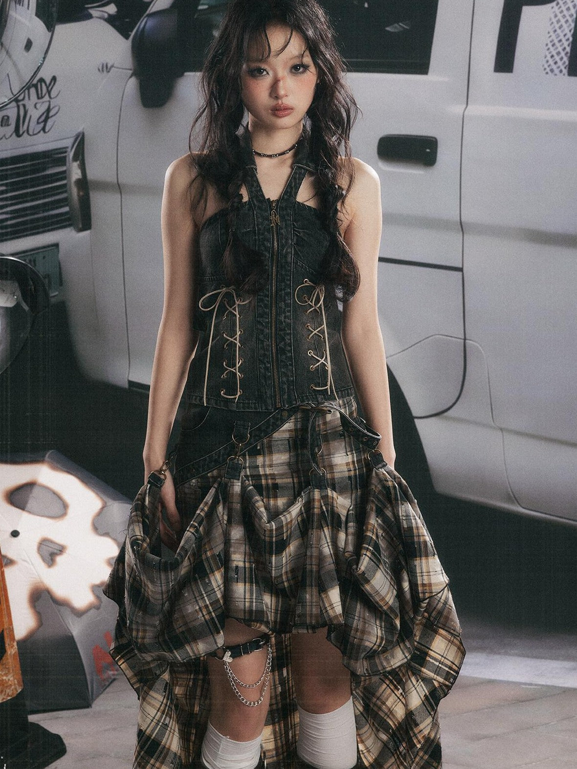 ALL iN plan Vintage Plaid Patchwork Asymmetric Women&