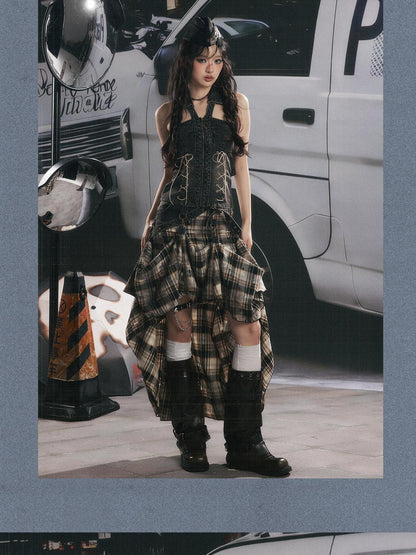 ALL iN plan Vintage Plaid Patchwork Asymmetric Women&