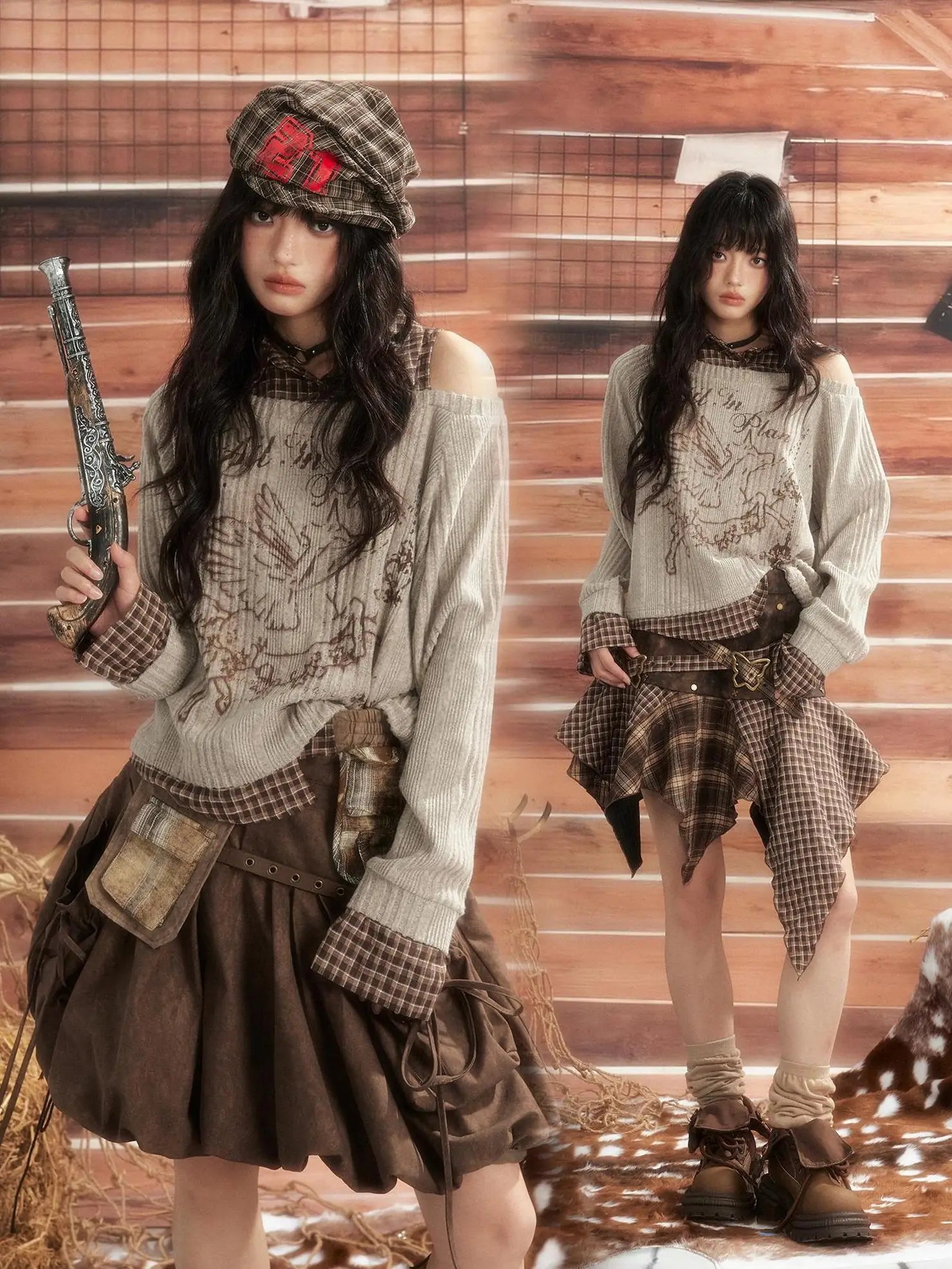 ALL iN plan Vintage Plaid Patchwork Slouchy Off Shoulder Sweater Sweater