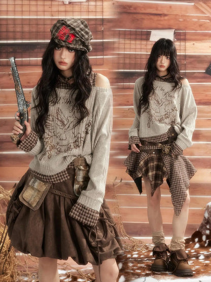 ALL iN plan Vintage Plaid Patchwork Slouchy Off Shoulder Sweater Sweater