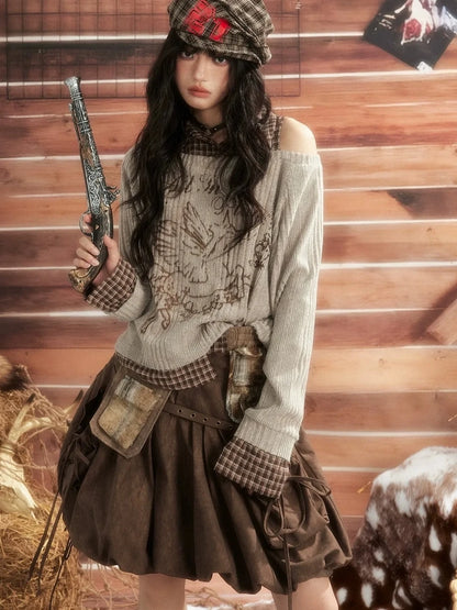 ALL iN plan Vintage Plaid Patchwork Slouchy Off Shoulder Sweater Sweater