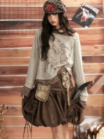 ALL iN plan Vintage Plaid Patchwork Slouchy Off Shoulder Sweater Sweater