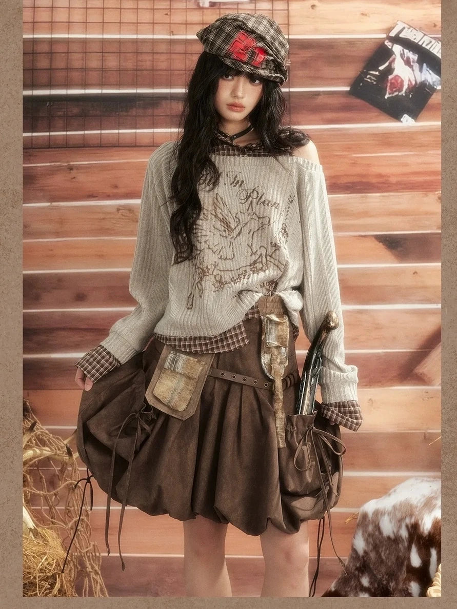 ALL iN plan Vintage Plaid Patchwork Slouchy Off Shoulder Sweater Sweater