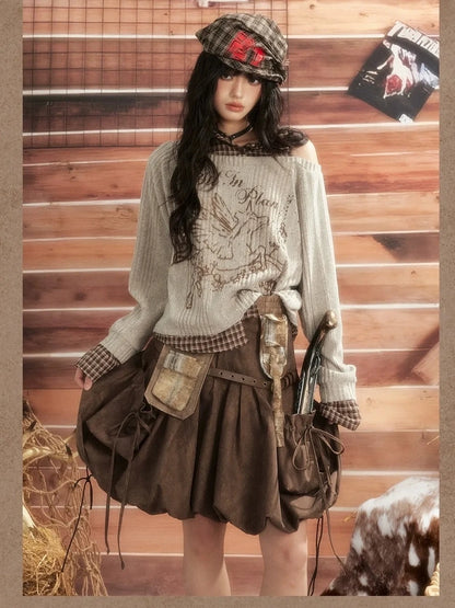 ALL iN plan Vintage Plaid Patchwork Slouchy Off Shoulder Sweater Sweater