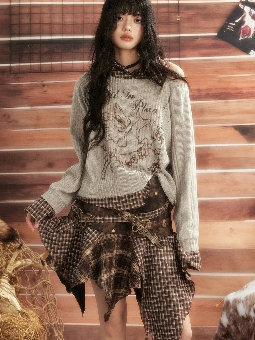 ALL iN plan Vintage Plaid Patchwork Slouchy Off Shoulder Sweater Sweater