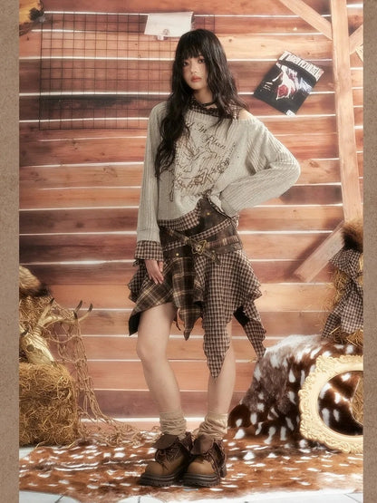 ALL iN plan Vintage Plaid Patchwork Slouchy Off Shoulder Sweater Sweater