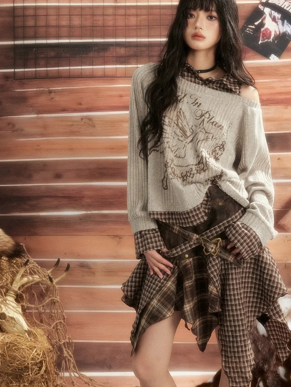 ALL iN plan Vintage Plaid Patchwork Slouchy Off Shoulder Sweater Sweater