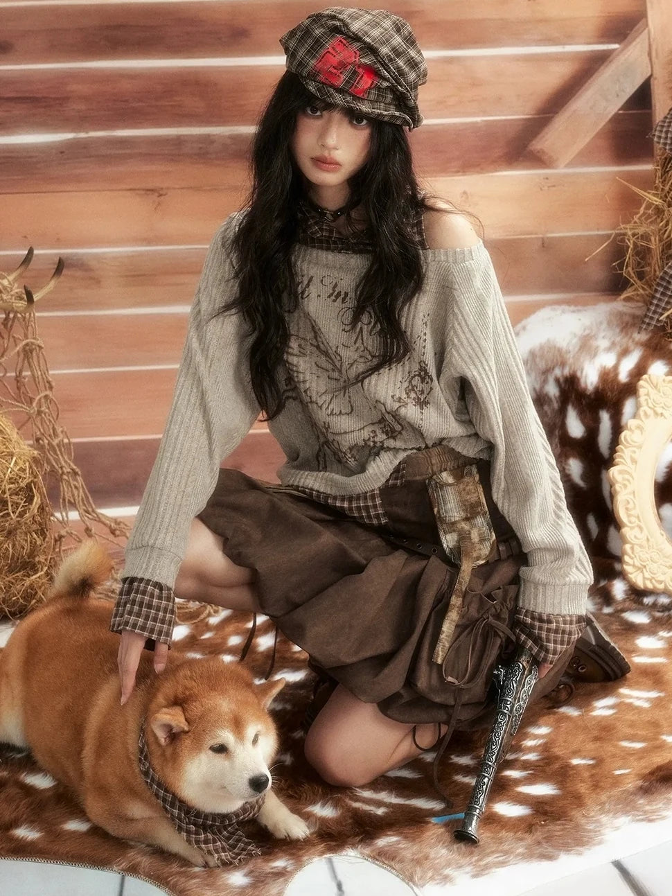 ALL iN plan Vintage Plaid Patchwork Slouchy Off Shoulder Sweater Sweater