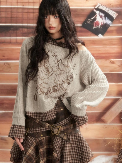 ALL iN plan Vintage Plaid Patchwork Slouchy Off Shoulder Sweater Sweater