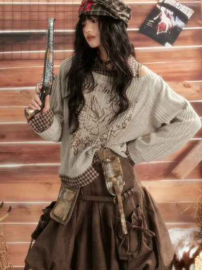 ALL iN plan Vintage Plaid Patchwork Slouchy Off Shoulder Sweater Sweater