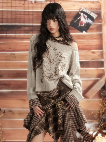 ALL iN plan Vintage Plaid Patchwork Slouchy Off Shoulder Sweater Sweater