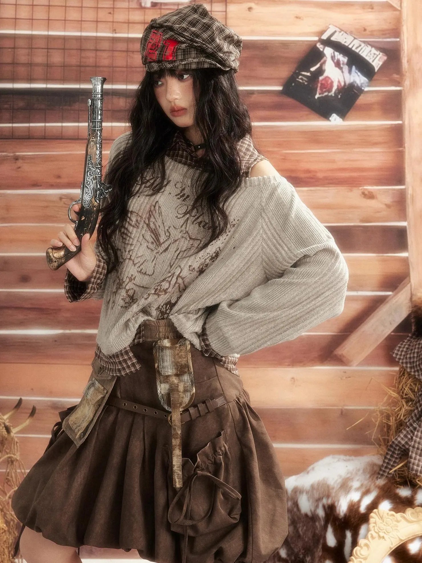 ALL iN plan Vintage Plaid Patchwork Slouchy Off Shoulder Sweater Sweater