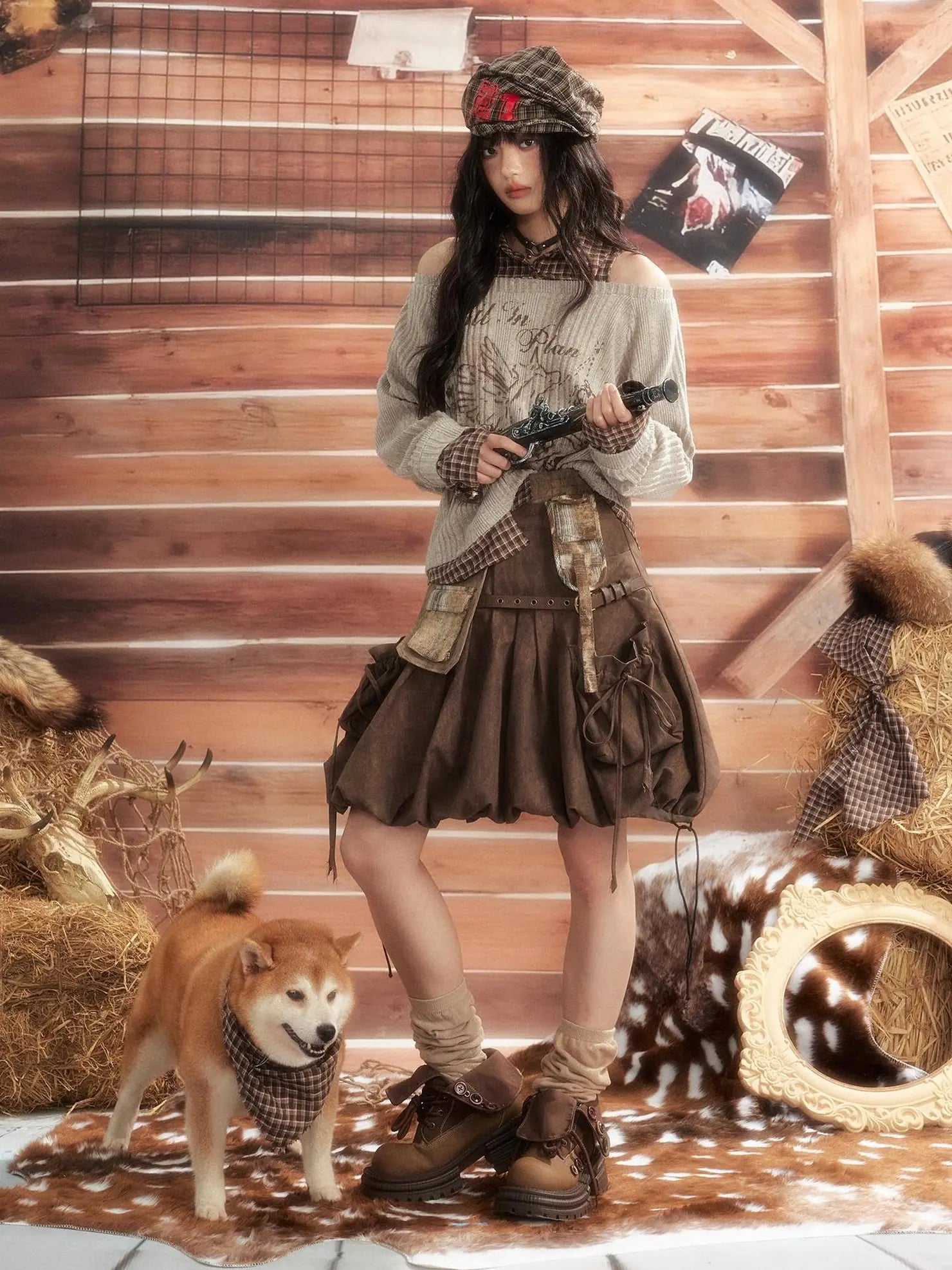 ALL iN plan Vintage Plaid Patchwork Slouchy Off Shoulder Sweater Sweater