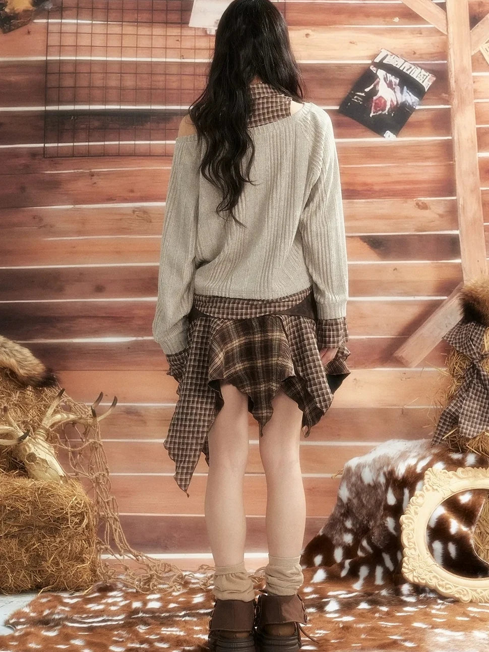 ALL iN plan Vintage Plaid Patchwork Slouchy Off Shoulder Sweater Sweater