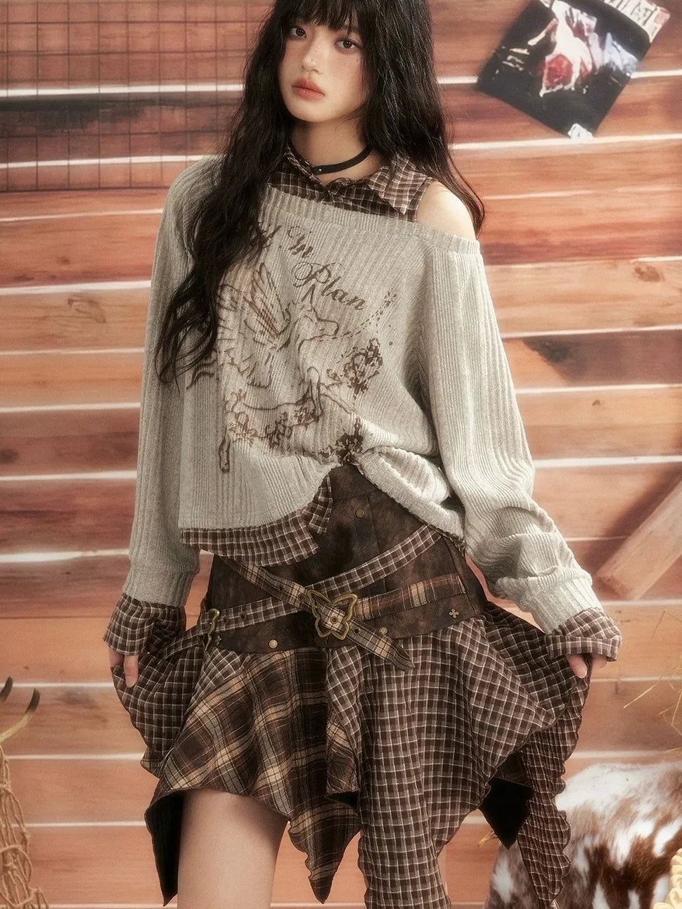 ALL iN plan Vintage Plaid Patchwork Slouchy Off Shoulder Sweater Sweater