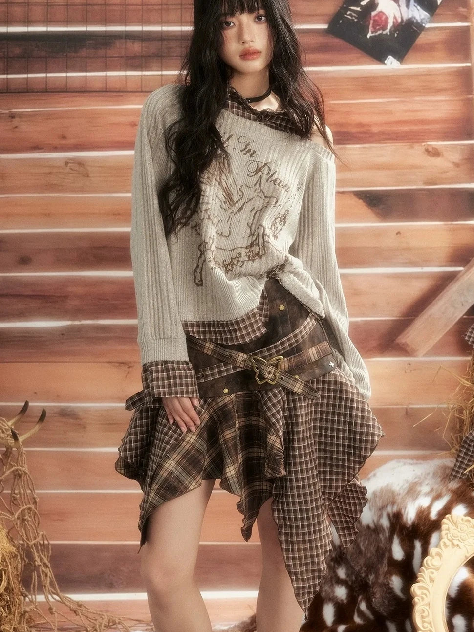 ALL iN plan Vintage Plaid Patchwork Slouchy Off Shoulder Sweater Sweater