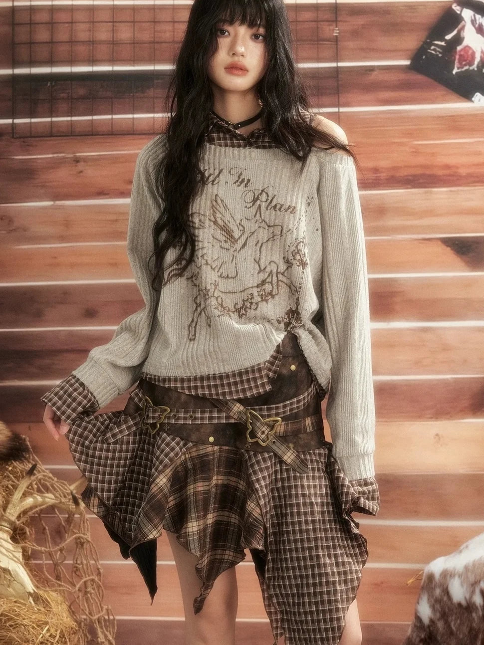 ALL iN plan Vintage Plaid Patchwork Slouchy Off Shoulder Sweater Sweater