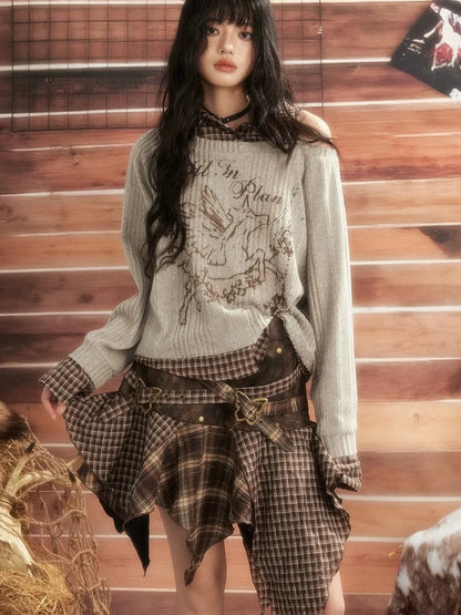 ALL iN plan Vintage Plaid Patchwork Slouchy Off Shoulder Sweater Sweater