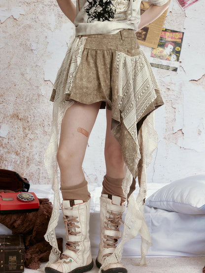 Vintage Tie Dye Denim Ruffle Hem Skirt