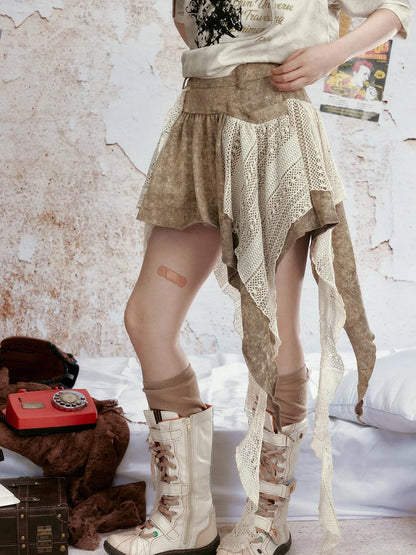 Vintage Tie Dye Denim Ruffle Hem Skirt