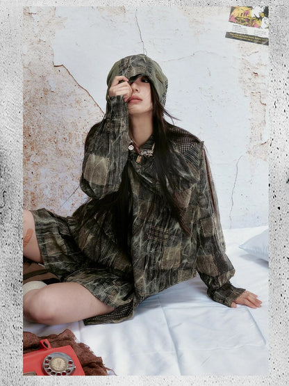 Vintage Tie Dye Plaid Shirt Skirt Set