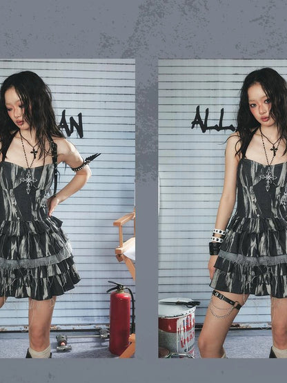 Vintage Tie Dye Raw Edge Halter Mini Dress