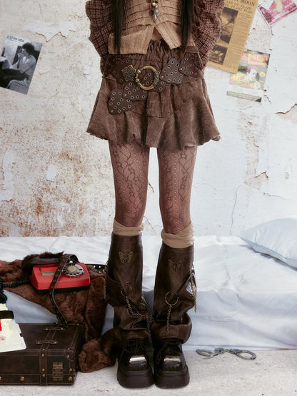 Vintage Velvet Studded Cake Puff Skirt With Belt