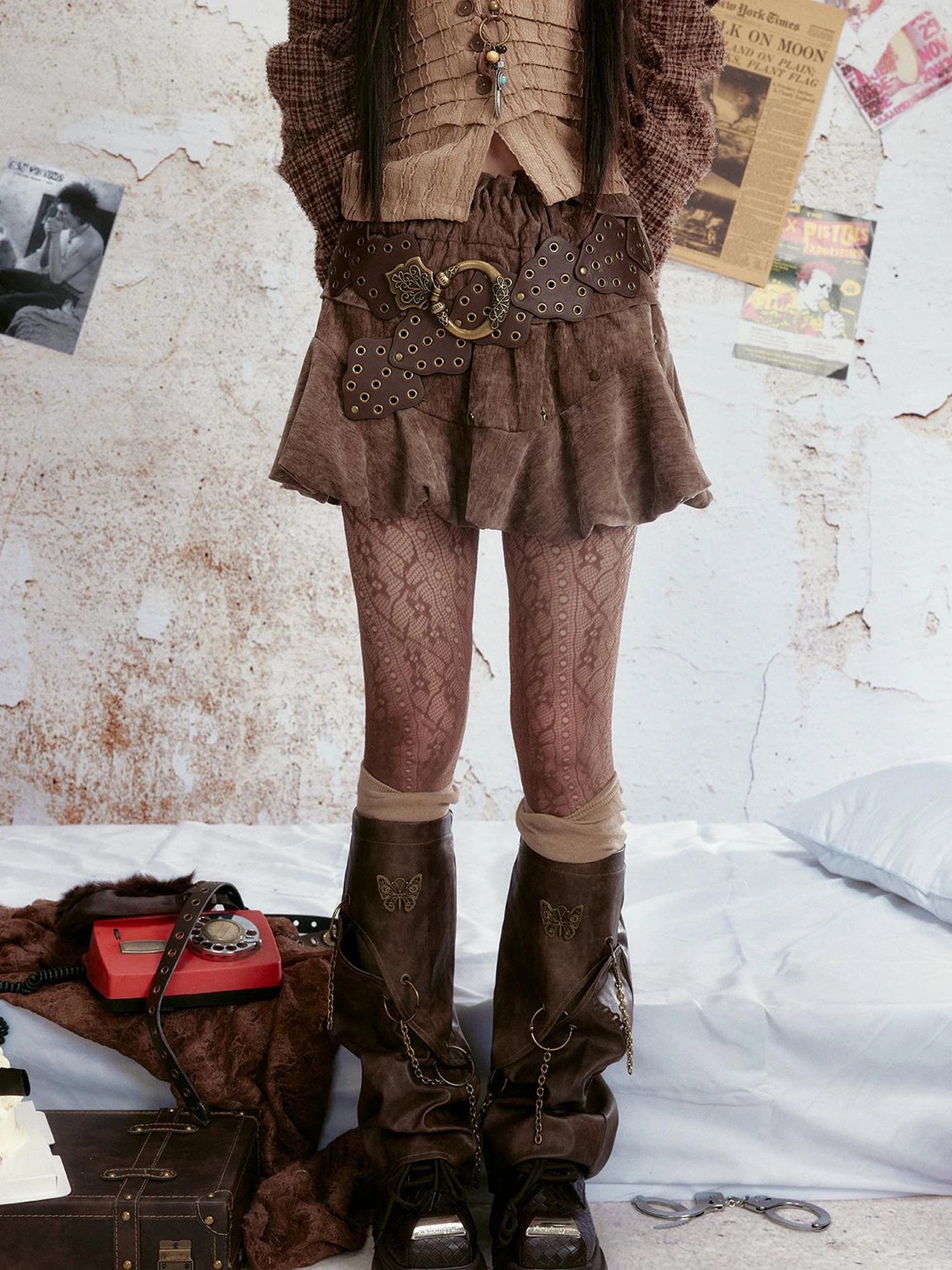 Vintage Velvet Studded Cake Puff Skirt With Belt