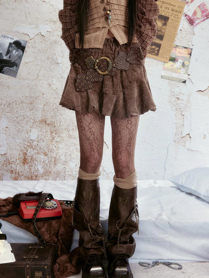 Vintage Velvet Studded Cake Puff Skirt With Belt