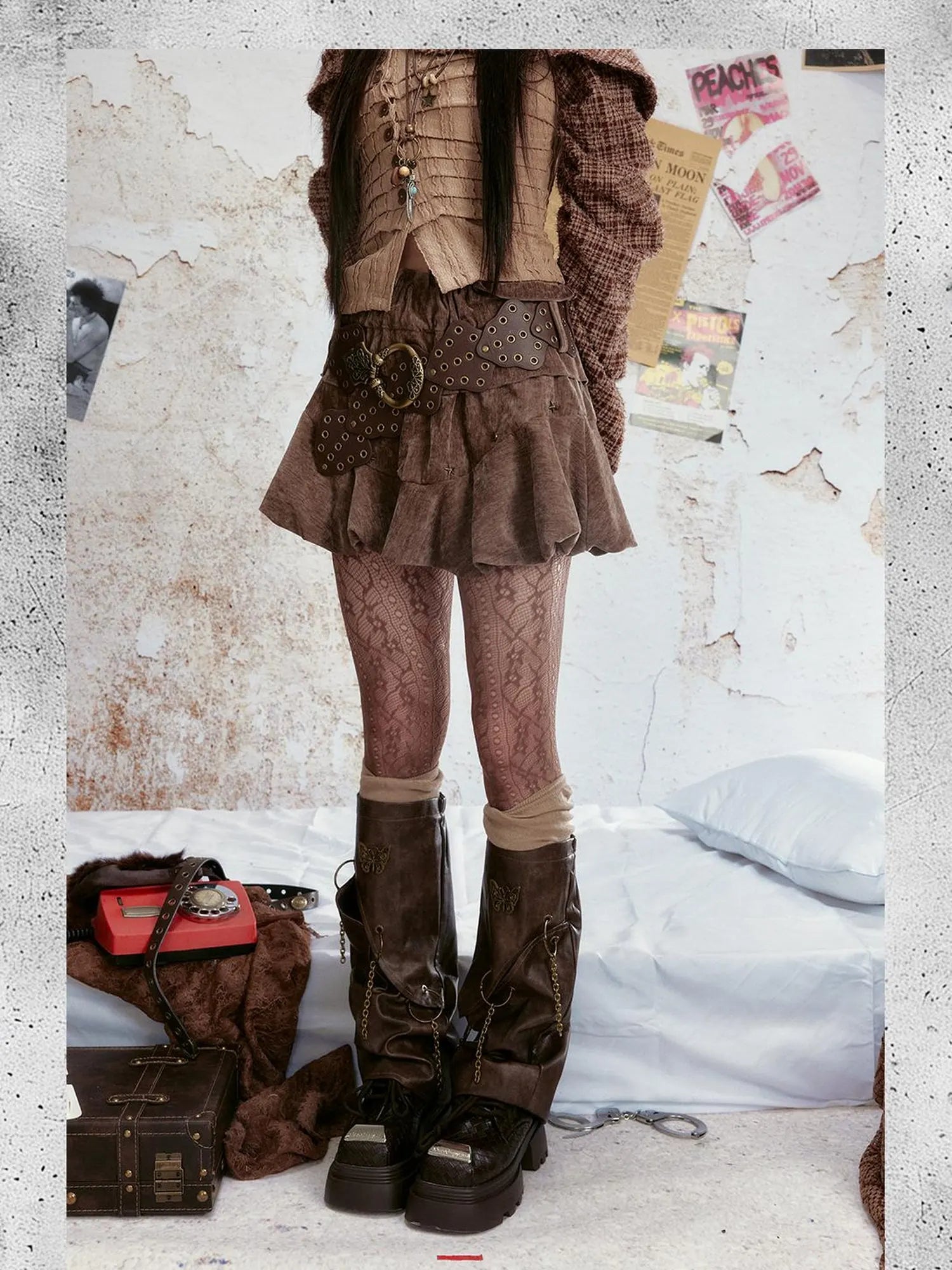 Vintage Velvet Studded Cake Puff Skirt With Belt