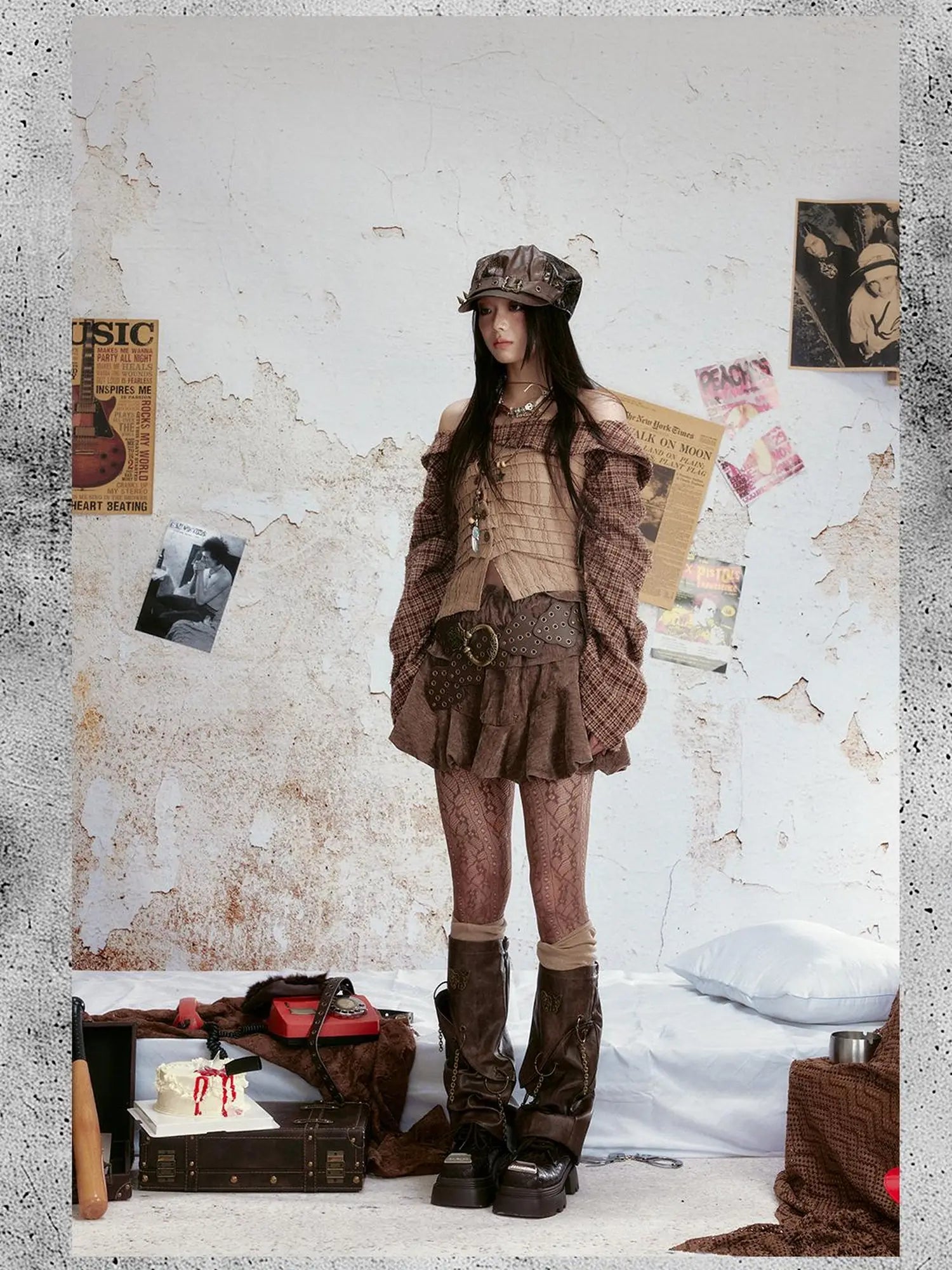 Vintage Velvet Studded Cake Puff Skirt With Belt