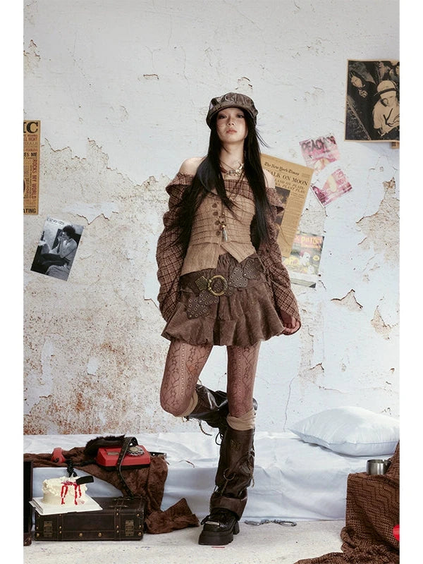 Vintage Velvet Studded Cake Puff Skirt With Belt