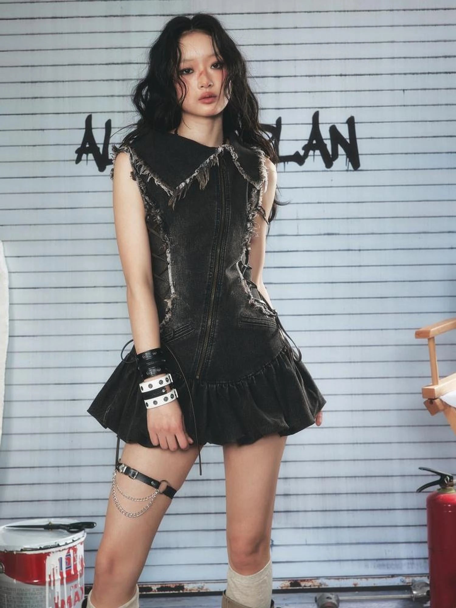 Vintage Washed Distressed Drawstring Denim Mini Dress