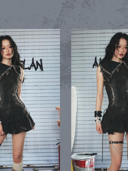 ALL iN plan Vintage Washed Distressed Drawstring Denim Mini Dress
