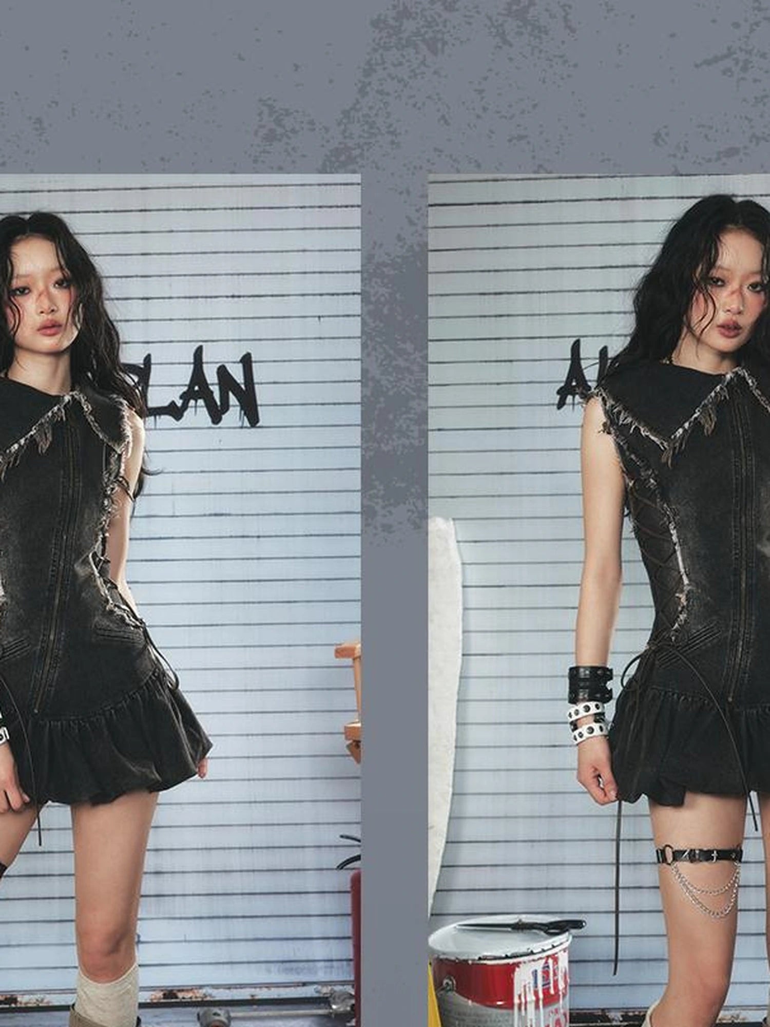 Vintage Washed Distressed Drawstring Denim Mini Dress