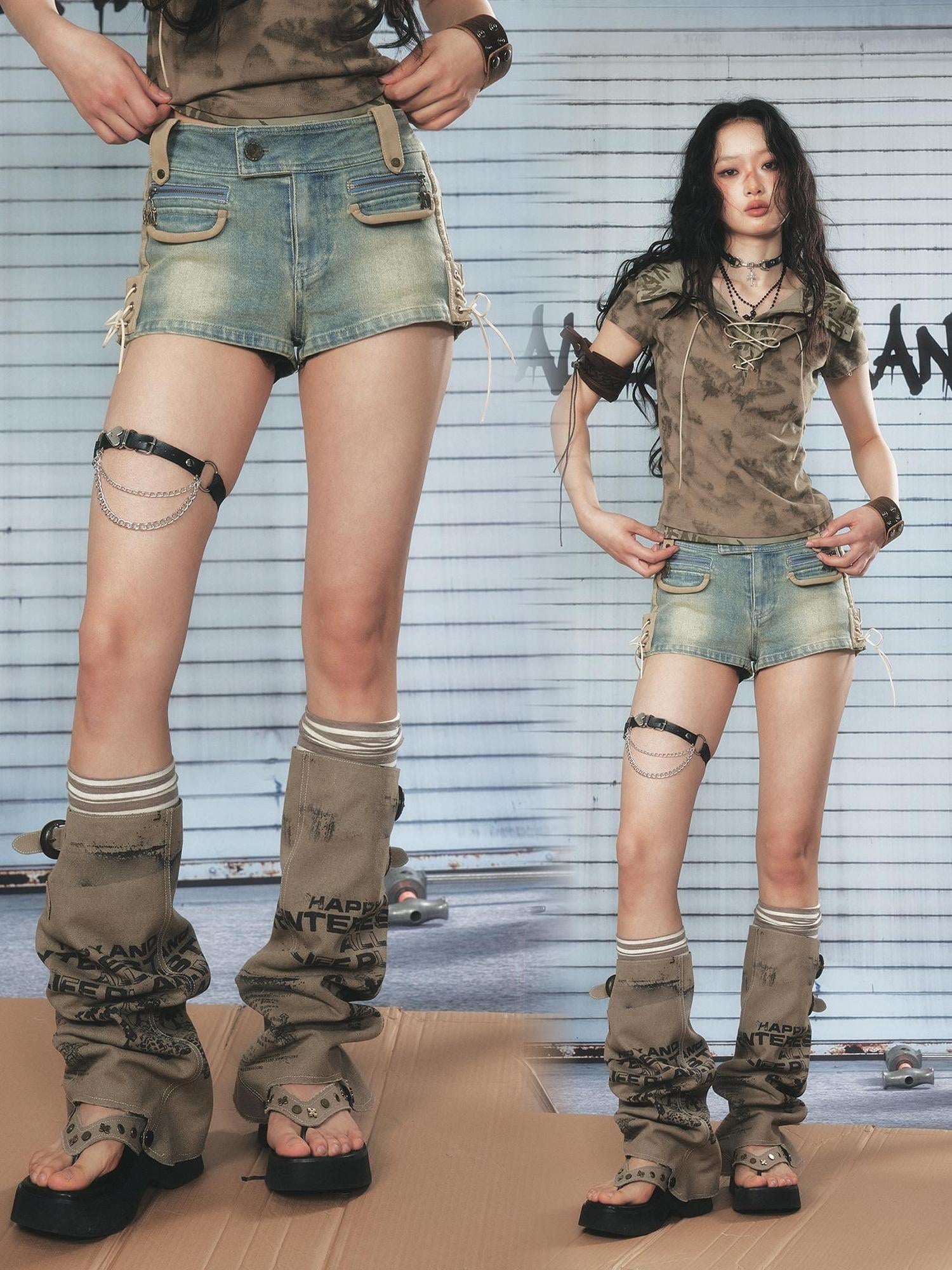ALL iN plan Vintage Washed Punk Denim Shorts