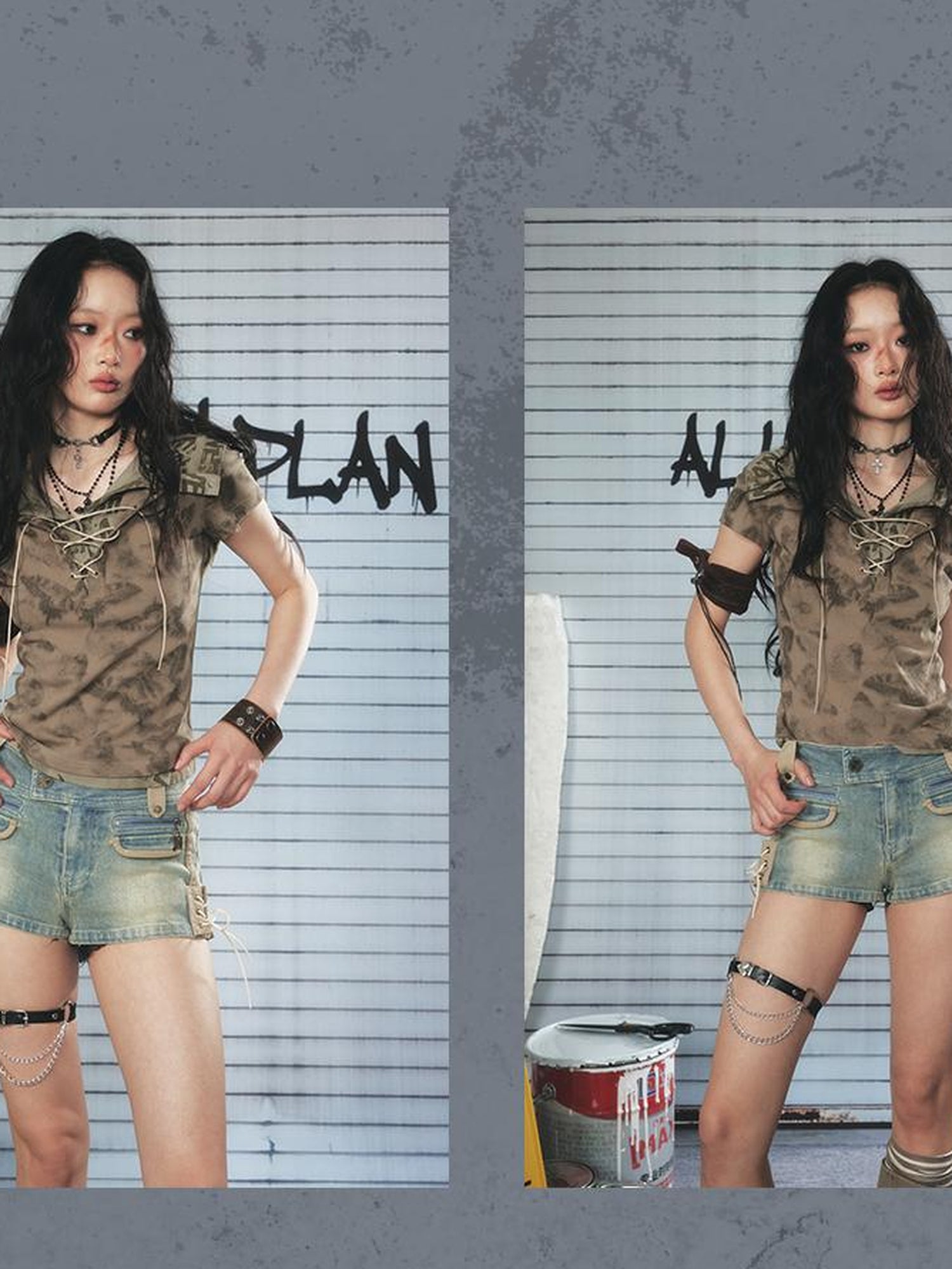 ALL iN plan Vintage Washed Punk Denim Shorts