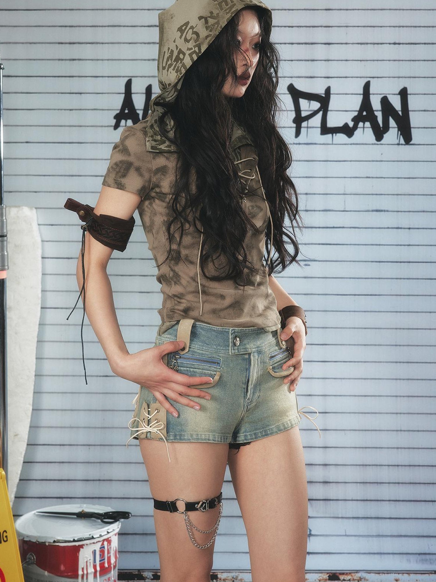 ALL iN plan Vintage Washed Punk Denim Shorts