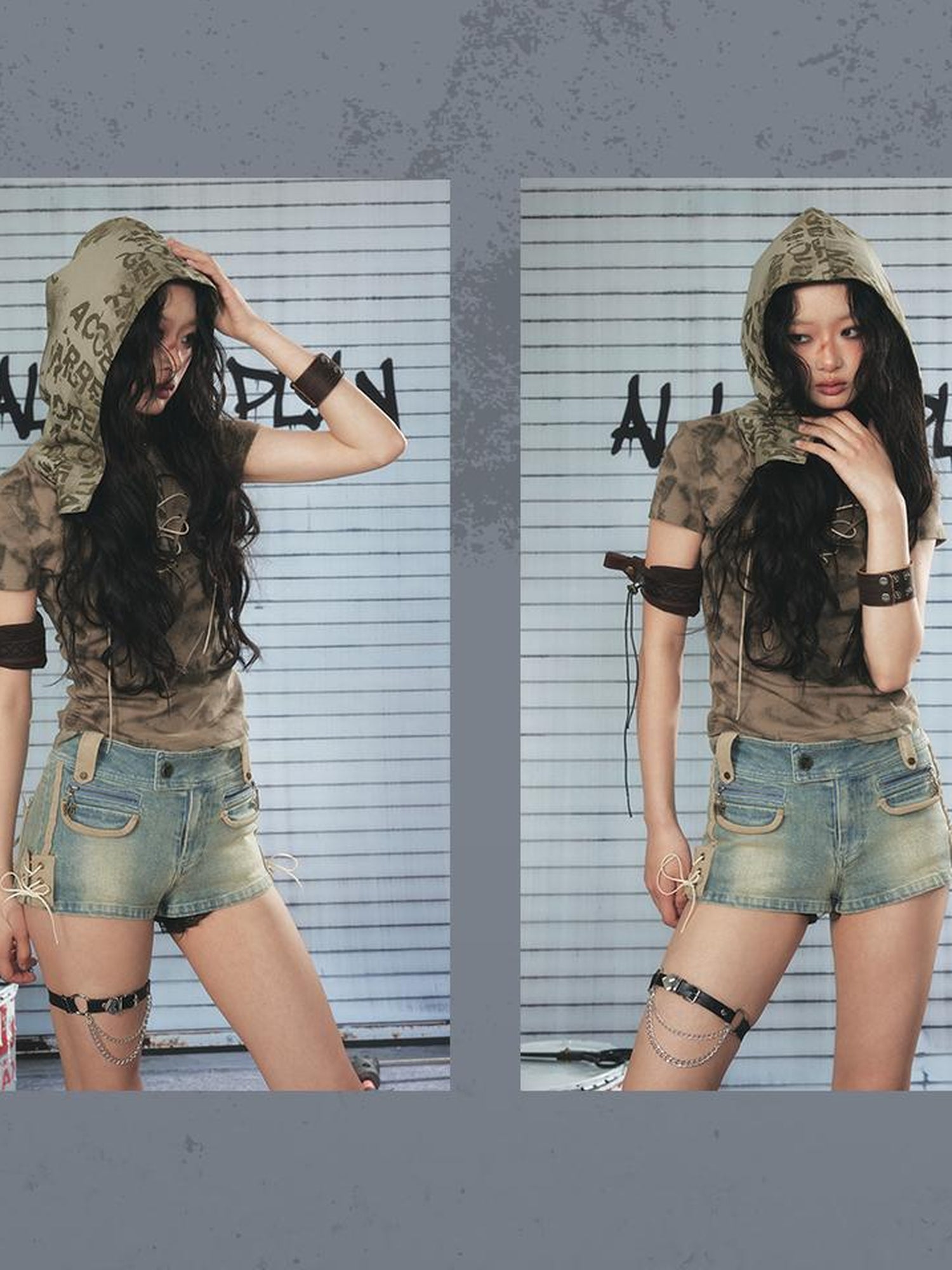 ALL iN plan Vintage Washed Punk Denim Shorts