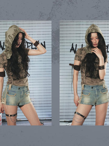 ALL iN plan Vintage Washed Punk Denim Shorts