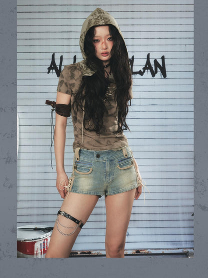 ALL iN plan Vintage Washed Punk Denim Shorts