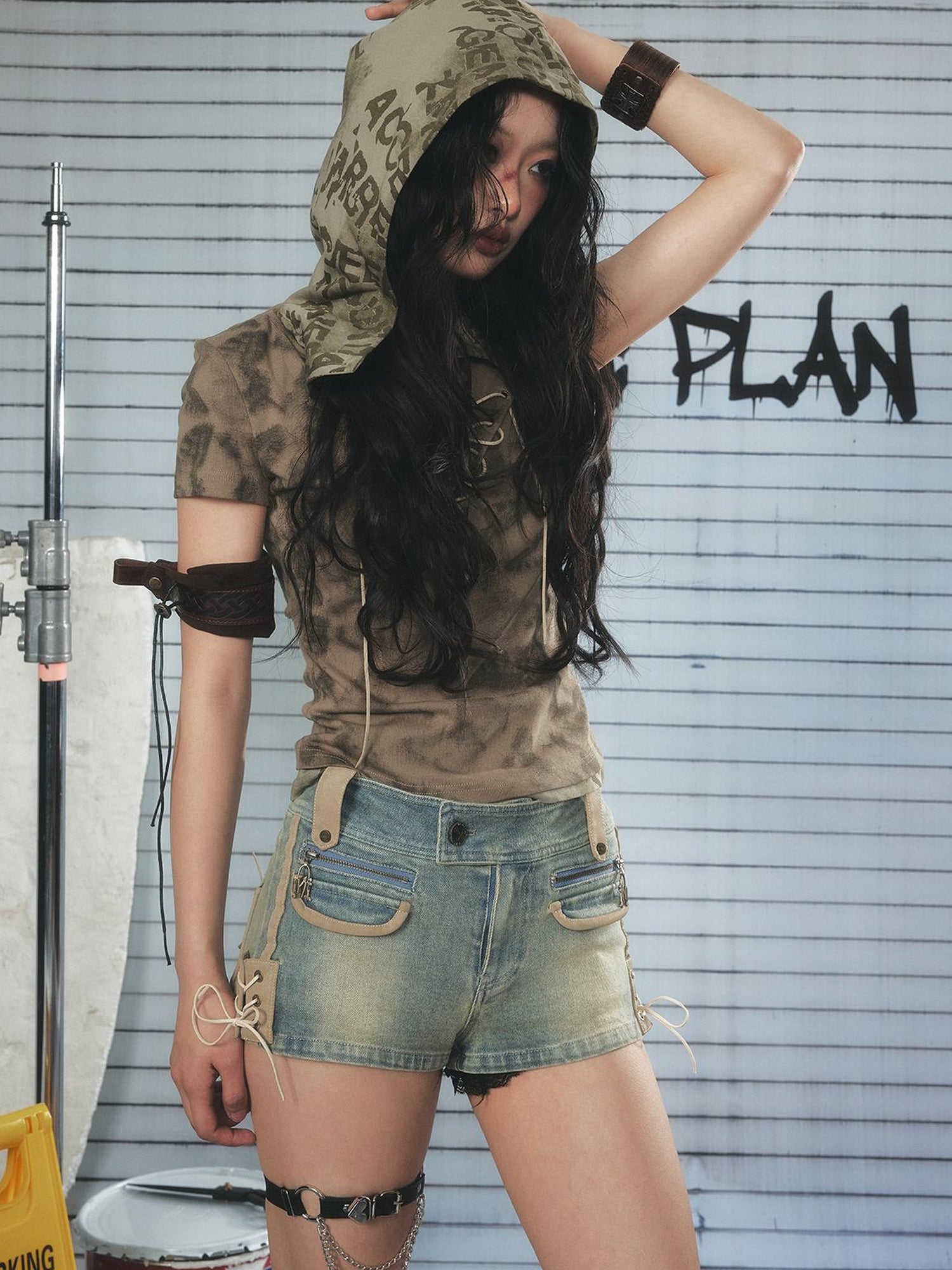 ALL iN plan Vintage Washed Punk Denim Shorts