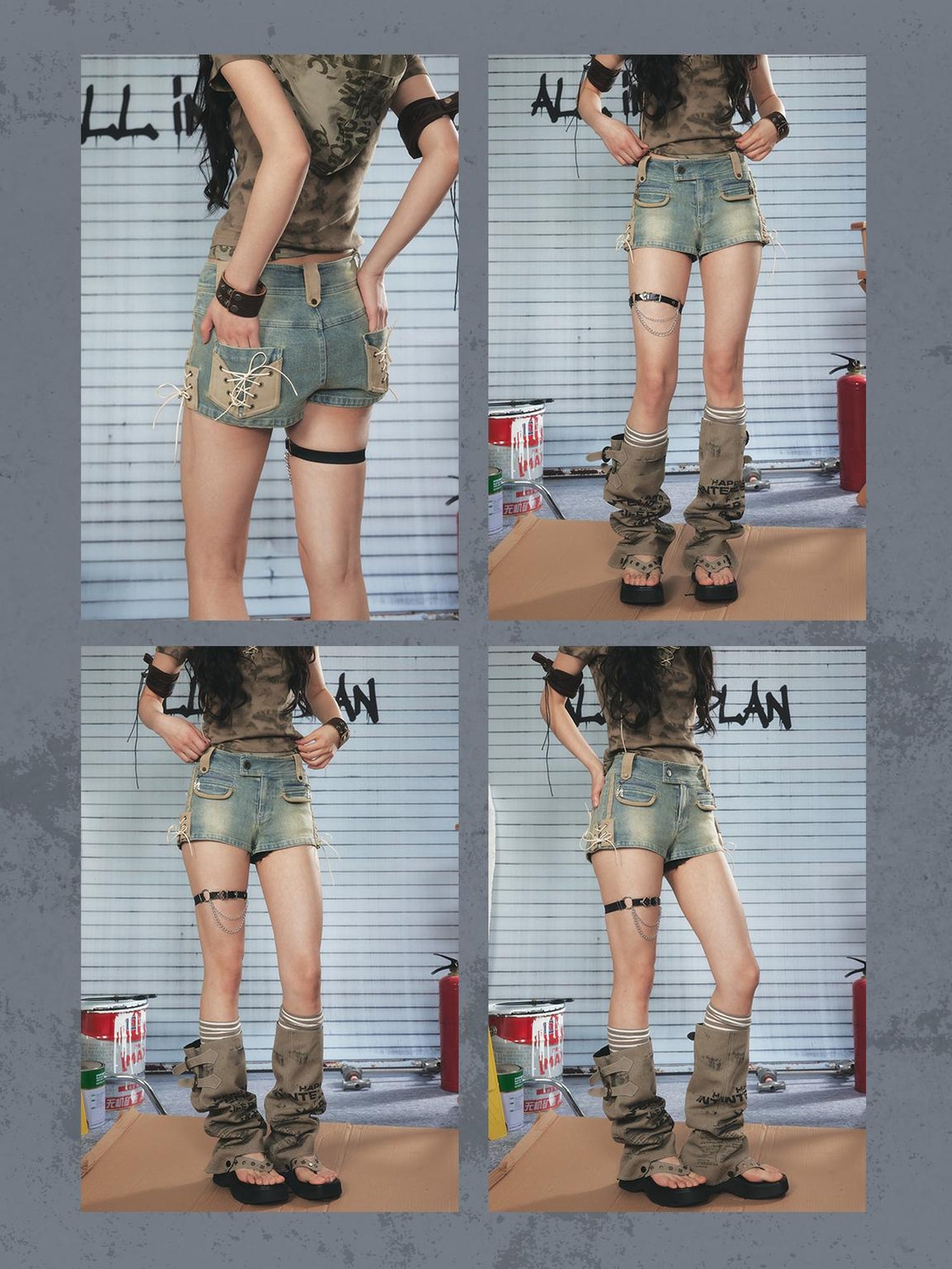 ALL iN plan Vintage Washed Punk Denim Shorts